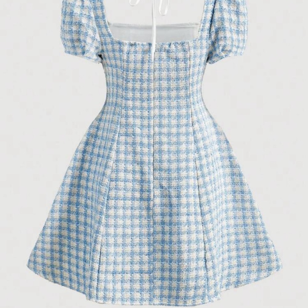 Plaid Pattern Tie Front Fold Pleated Detail Button Dress With Pearl Necklace - Picture 2 of 5